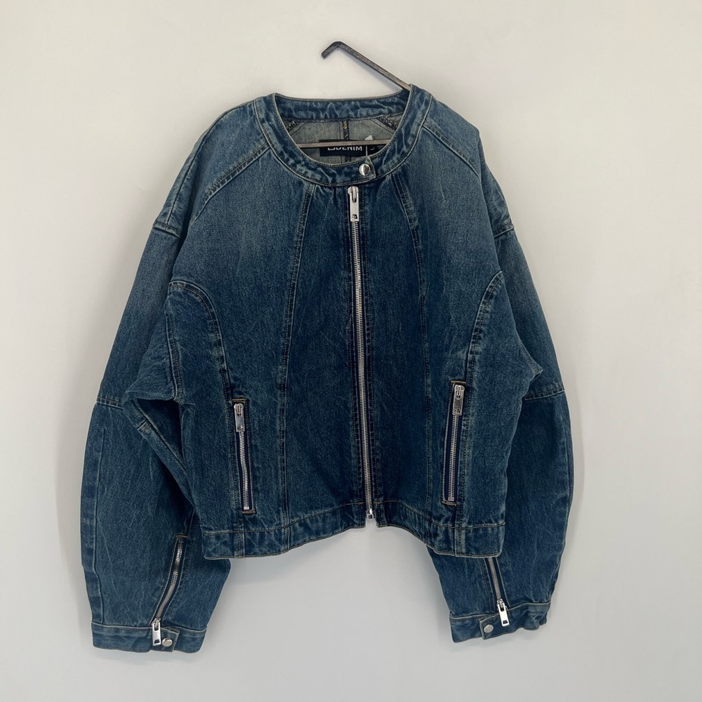 EB Denim Logan Denim Racer Moto Vintage Inspired Wide Tapered Sleeve Zip Jacket - Picture 1 of 9
